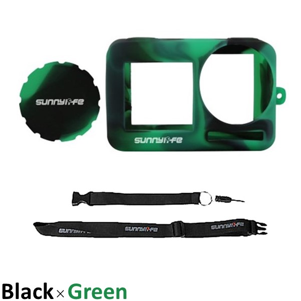 Nancy　DJI OSMO ACTION用　(Black×Green)　シリコンカバー 衝撃吸収　カメラカバー＋レンズカバー＋ストラップ